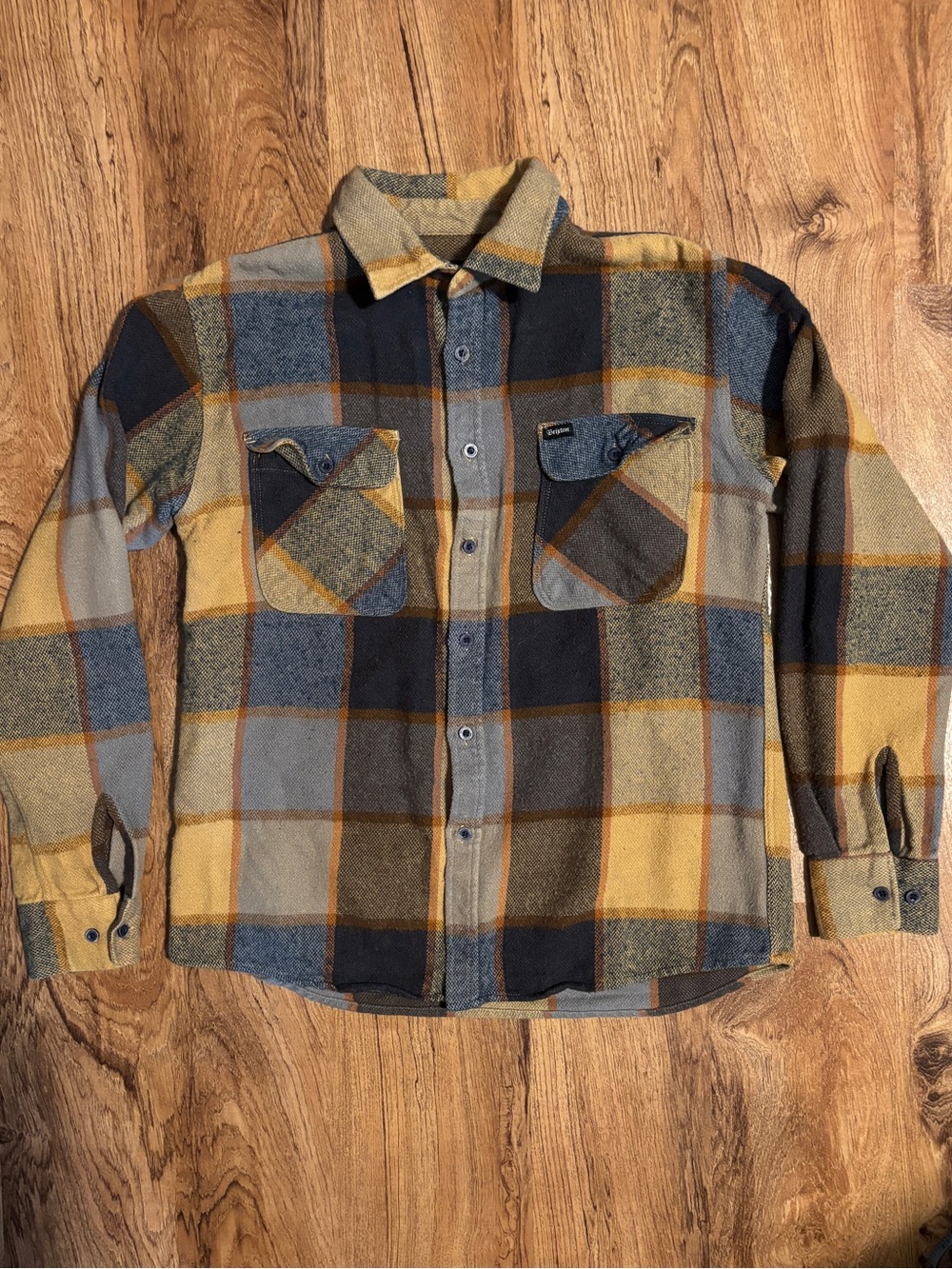 Brixton Plaid Bowery Flannel Button-Up Shirt Yellow, Blue & Gray Fall Workwear